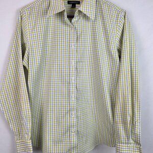Lands' End Women's Shirt Size 10 Green Blue Plaid Long Sleeve Button Down Top